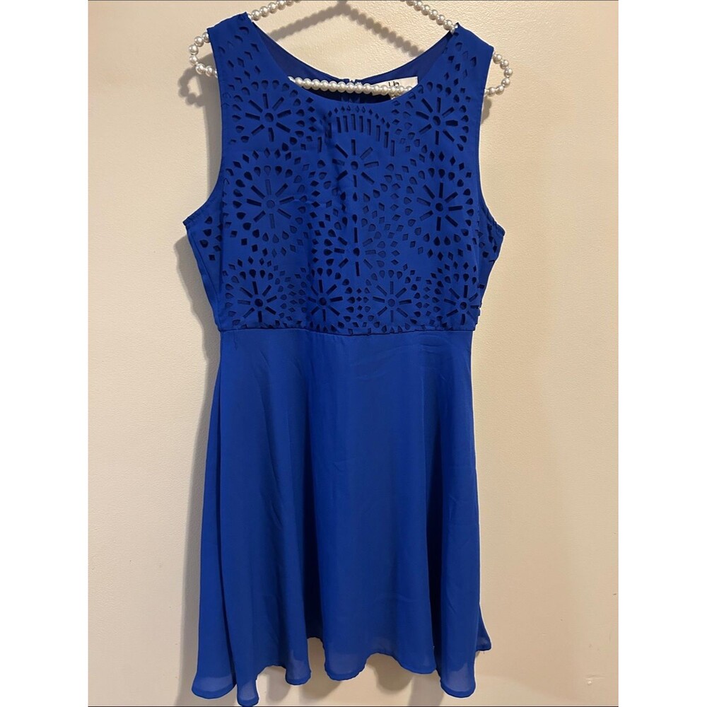 Ya Los Angeles Royal Blue Laser Cut Eyelet Sleeveless Skater Dress L